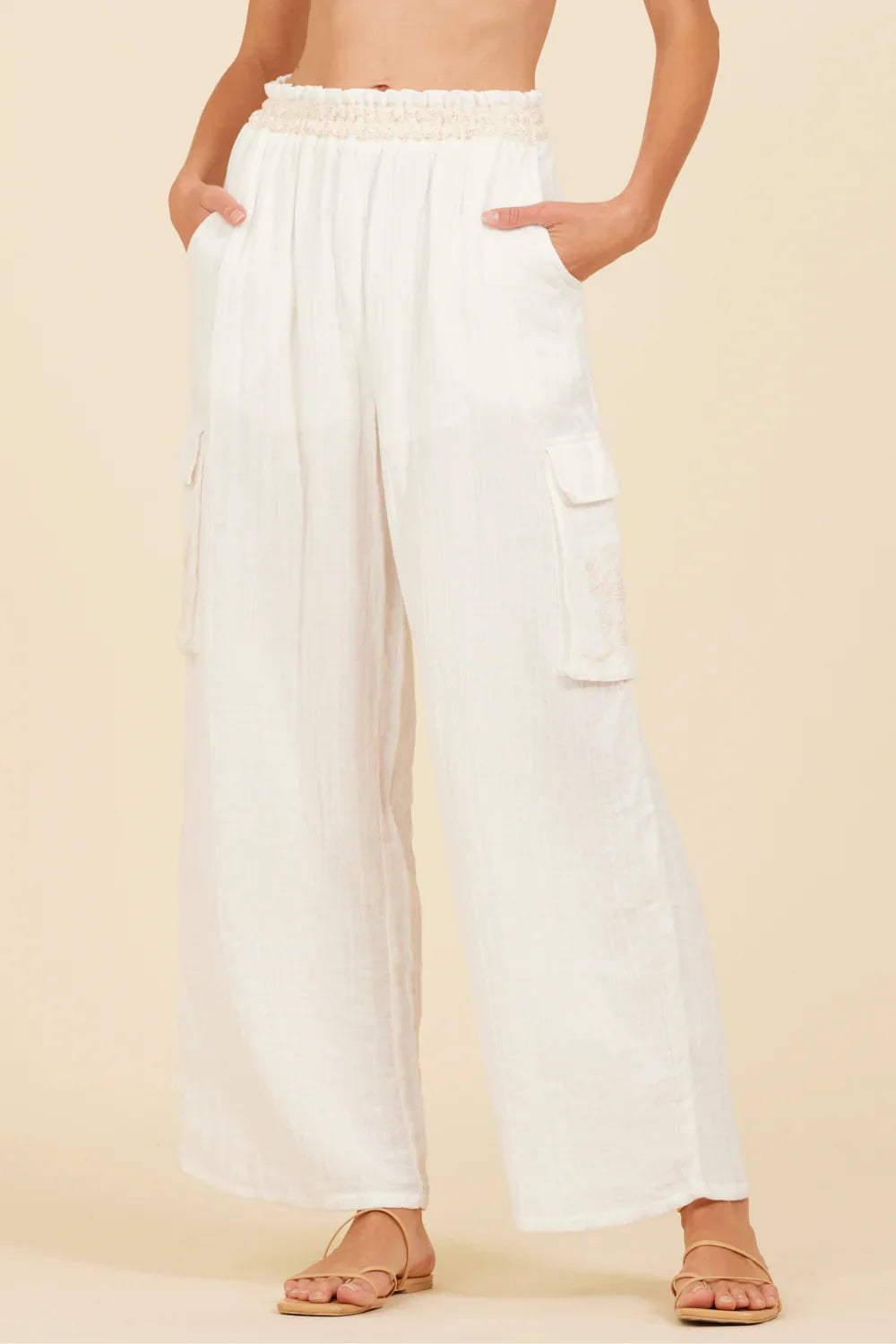 Natural Gauze Cargo Pant with Embroidery