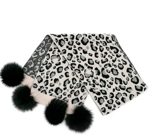 Animal Print Scarf with Poms