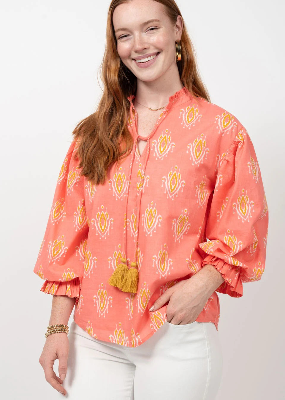 Ikat Blouson Sleeve Top in Coral - The French Shoppe