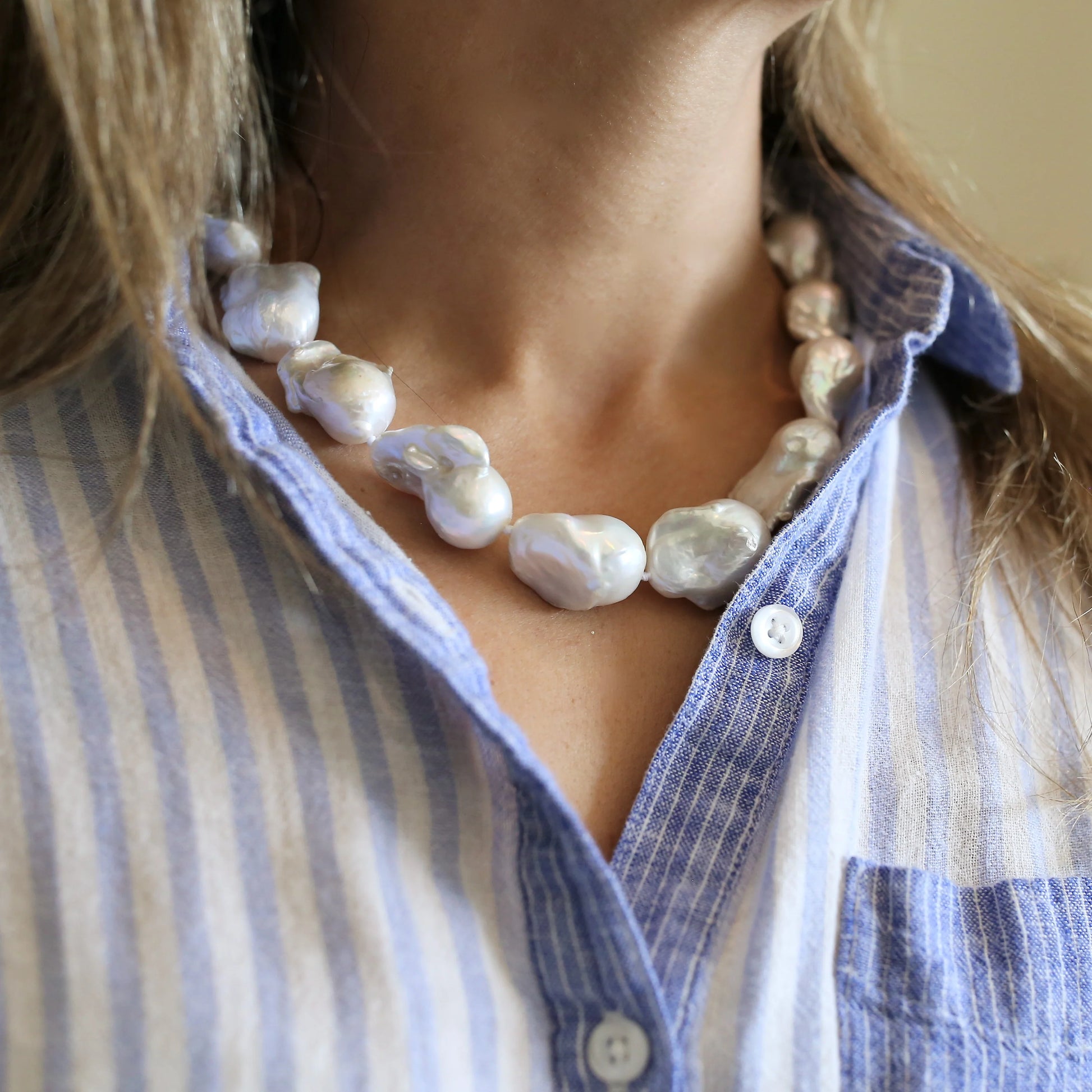 White Stone Pearl 18" on Silver Necklace - The French Shoppe