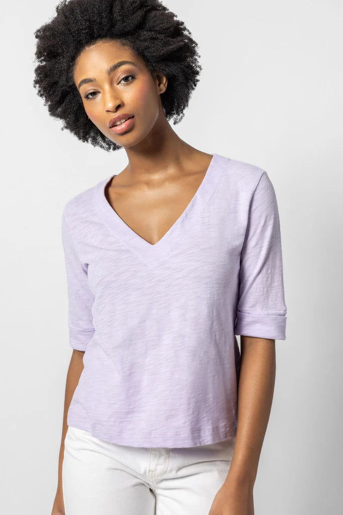 Cuffed Elbow Sleeve V-Neck - The French Shoppe