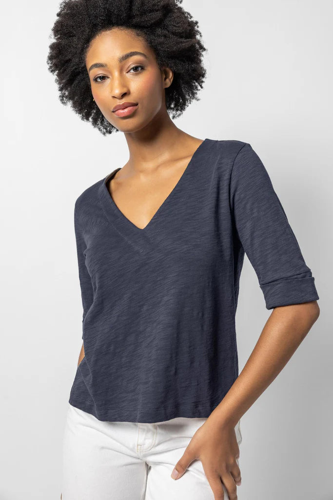 Cuffed Elbow Sleeve V-Neck - The French Shoppe