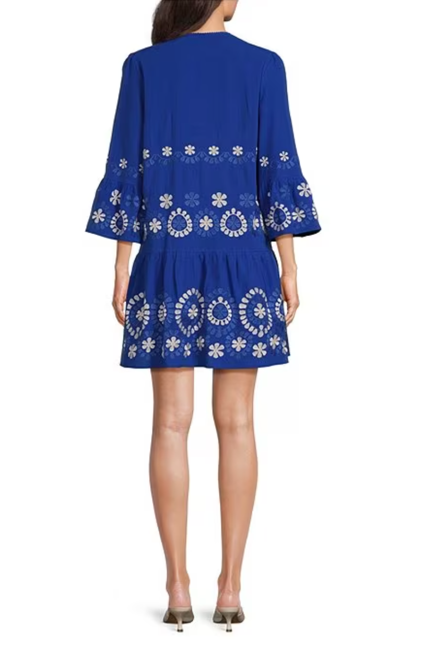Holly Embroidered Dress in Military Blue - The French Shoppe