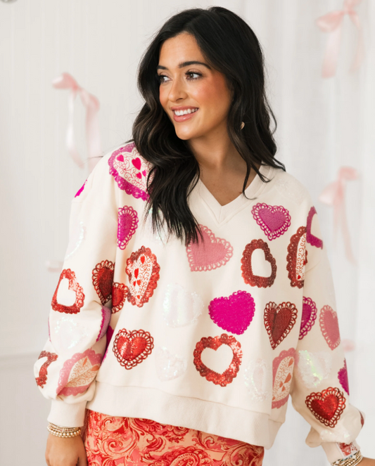 Beige Multi Doily Heart V Neck Sweatshirt