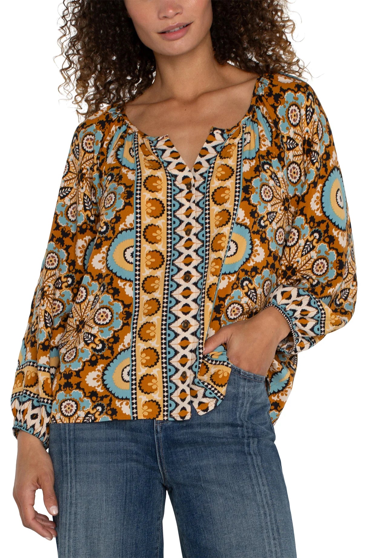 Long Sleeve Button Front Woven Blouse