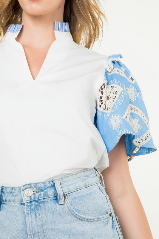 Blue and White Puff Sleeve Top