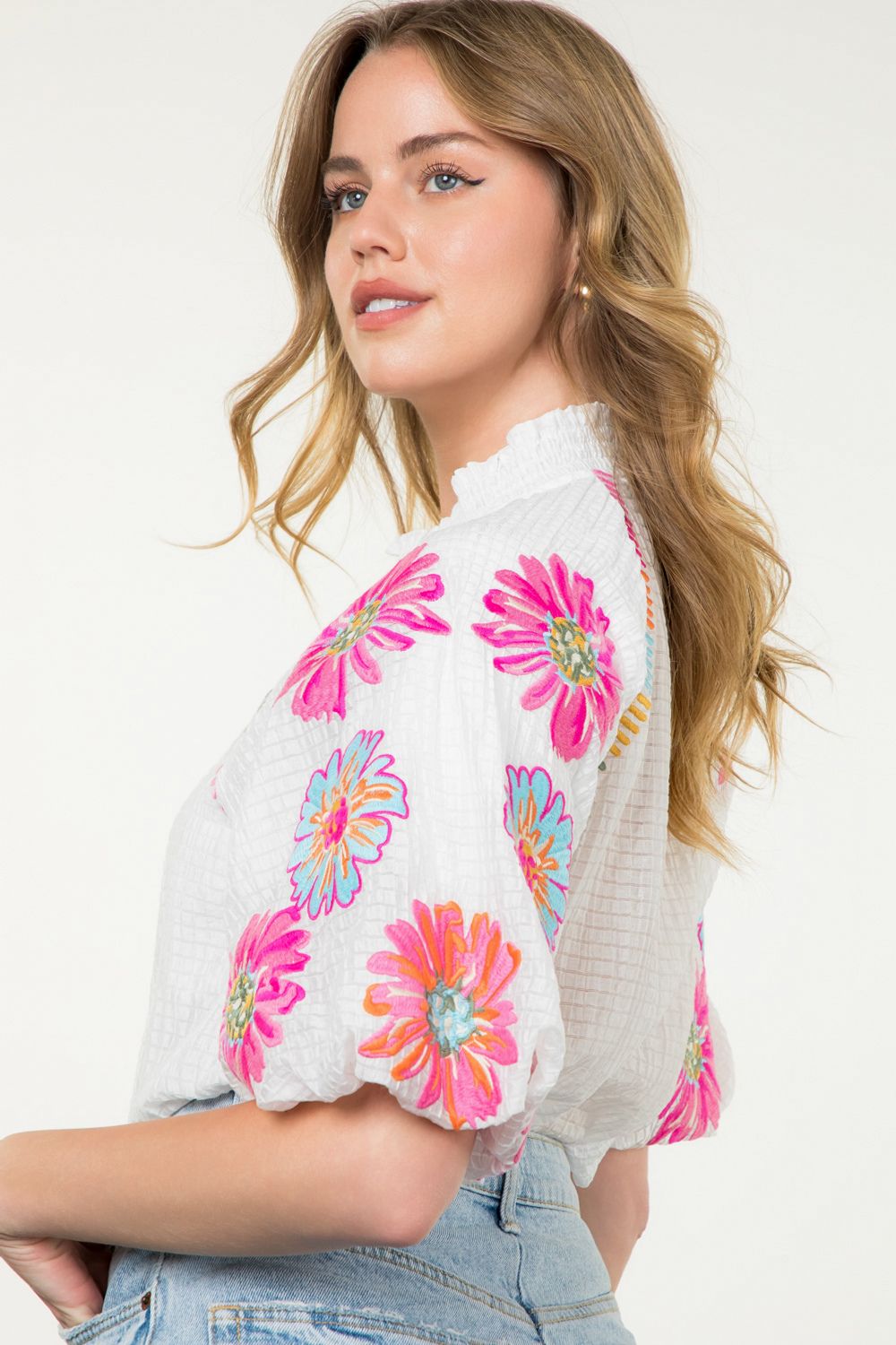 White Embroidered Puff Sleeve Blouse